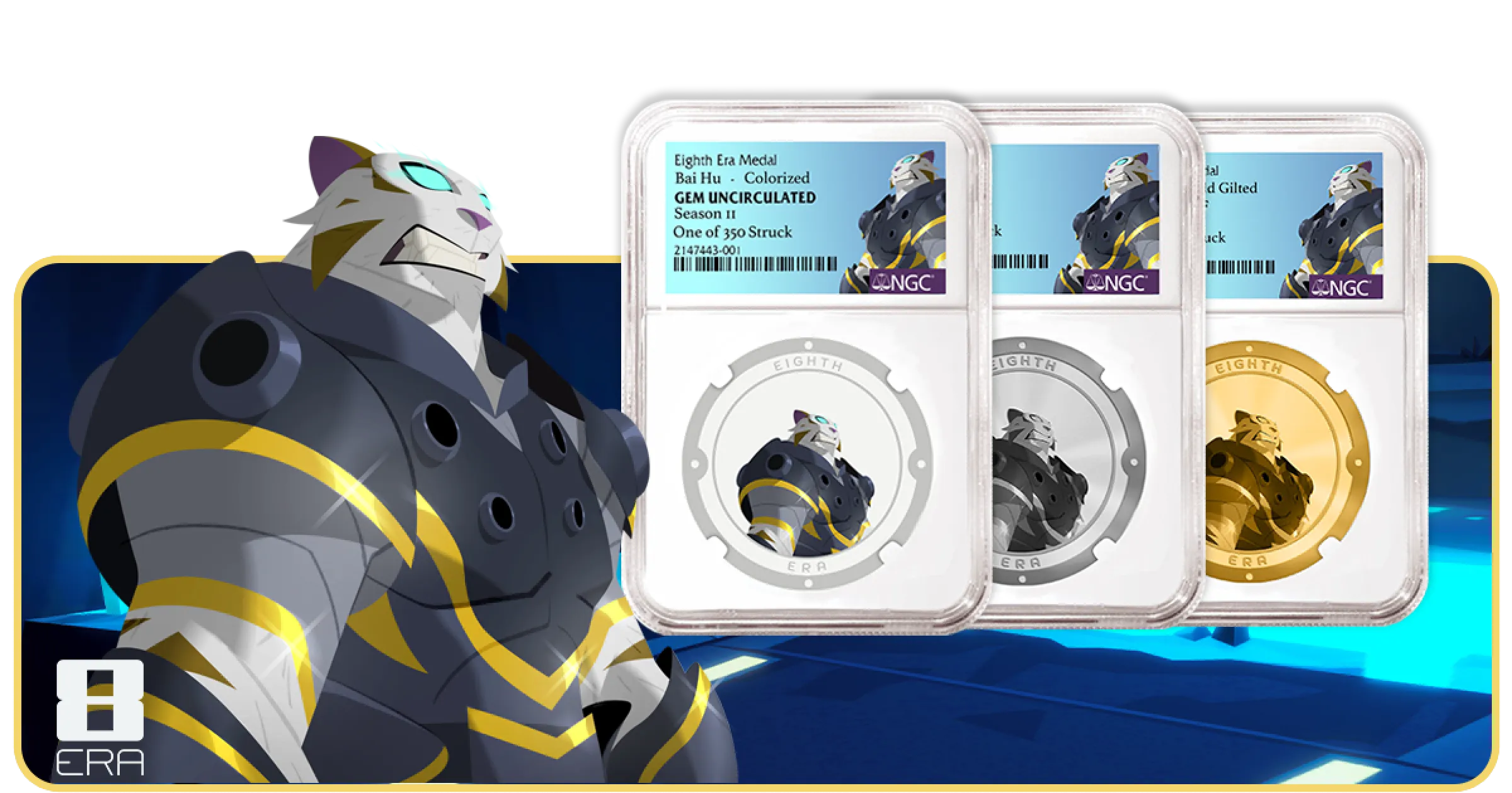 A white tiger hero stands next to his collectible coins.