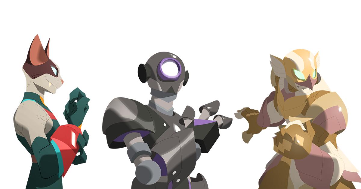 Three heroes: a catlike fighter, a mech, and spacefaring warrior.