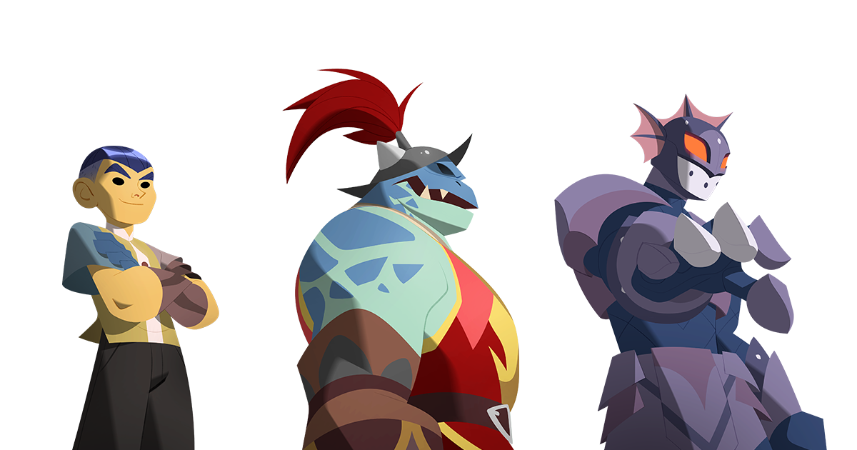 Three heroes: a human fighter, a lizard captain, and spacefaring warrior.